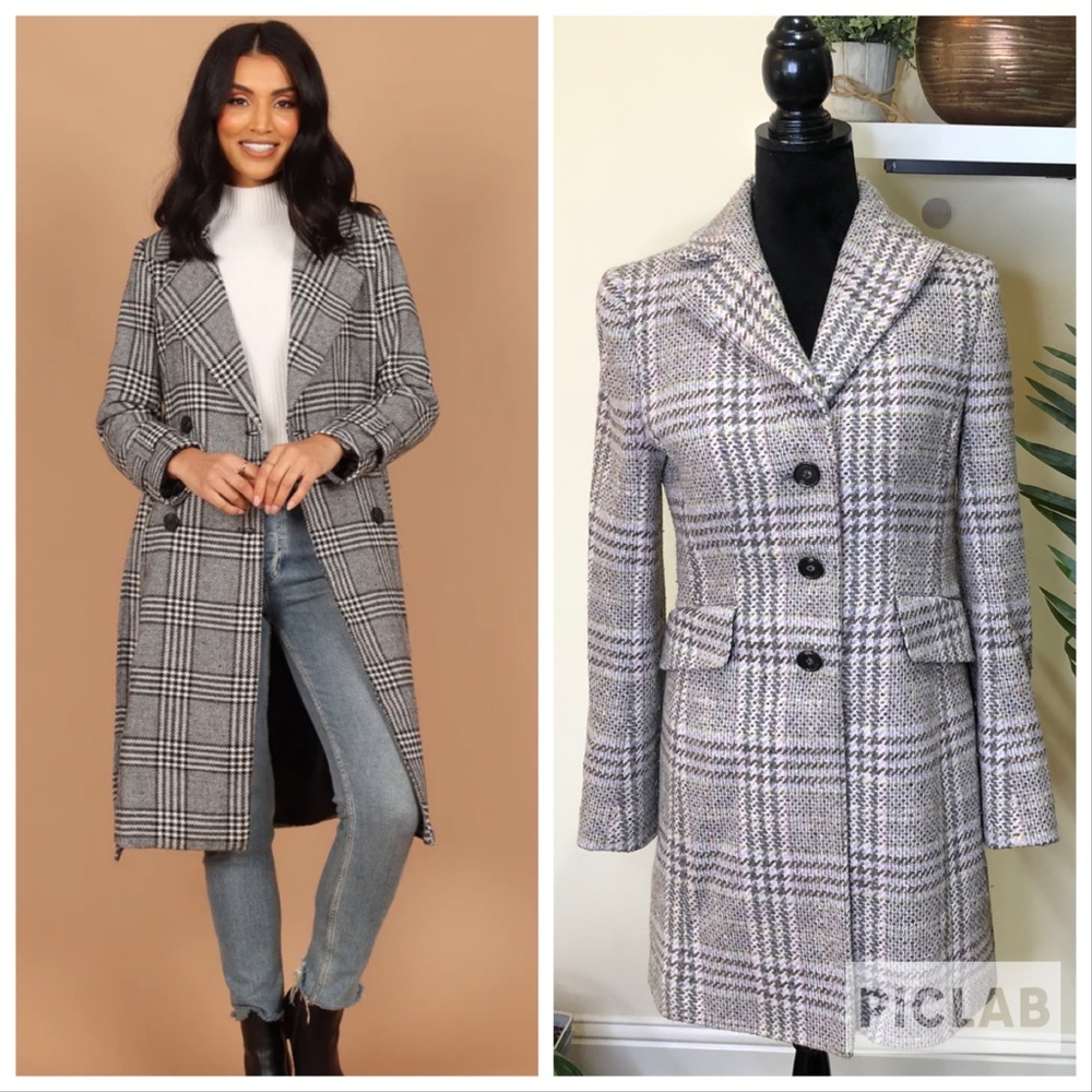 Ann Taylor Plaid Wool Blend Long Coat Gray Green Lavender Ivory 2